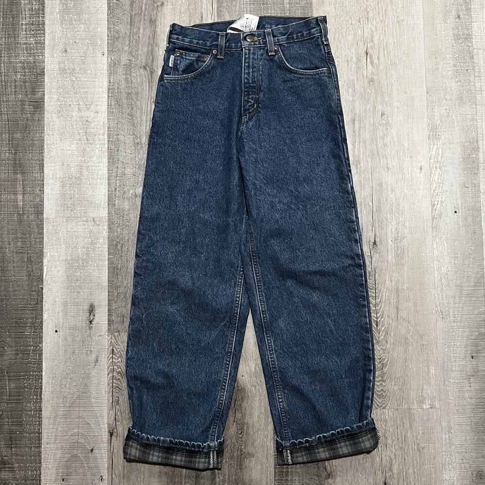 VTG Carhartt B172 DST Blue Plaid Lined Baggy Denim Work Wear Pants Men's 28